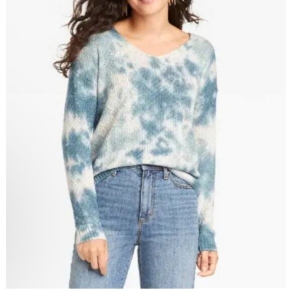Knox Rose Womens Tie-Dye V-Neck Knit Pullover Sweater XL Blue - Picture 1 of 13